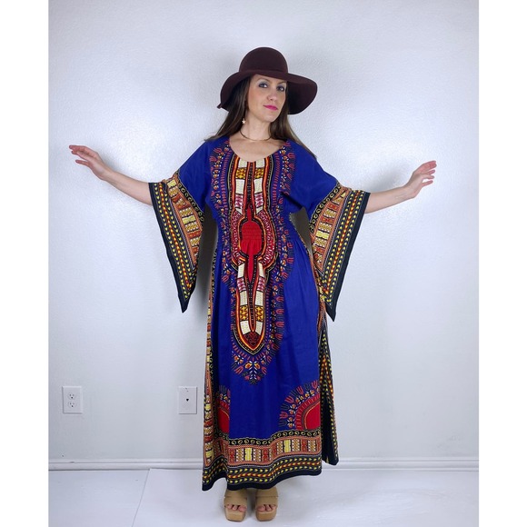vintage 70s Royal Blue ANGEL SLEEVE DASHIKI s/m/l maxi dress ethnic kaftan bold - Picture 8 of 10